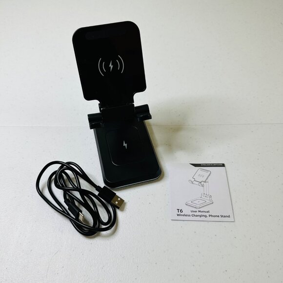 Foldable Wireless Charger Stand For Phones & AirPods Black With Silver Trim - Picture 5 of 9